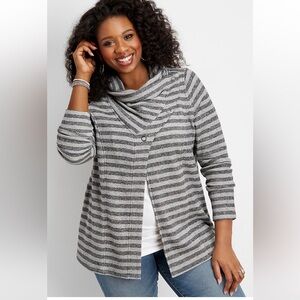 Maurices Size Large Grey asymmetrical snap neck striped wrap cardigan sweater